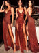 Red Sequin Spaghetti Strap Backless Silt Prom Dresses,PD00205