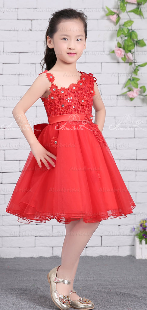 Red Tulle Unique One Shoulder Applique Flower Girl Dresses, FGS137