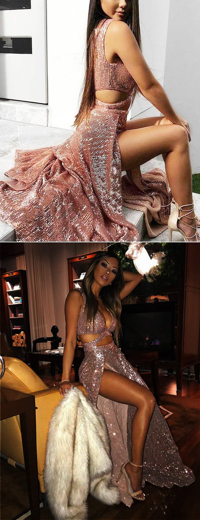 Rose Gold Sequin Sexy Side Slit Sleeveless Prom Dresses, PD00183