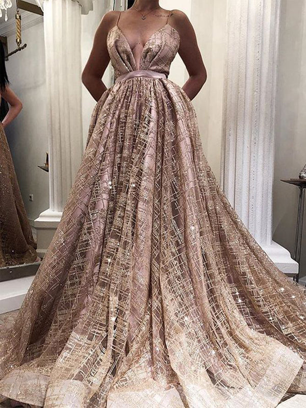 Rose Gold Sequined Tulle Spaghetti Stap Ball Gown Fashion Prom Dresses,PD00345