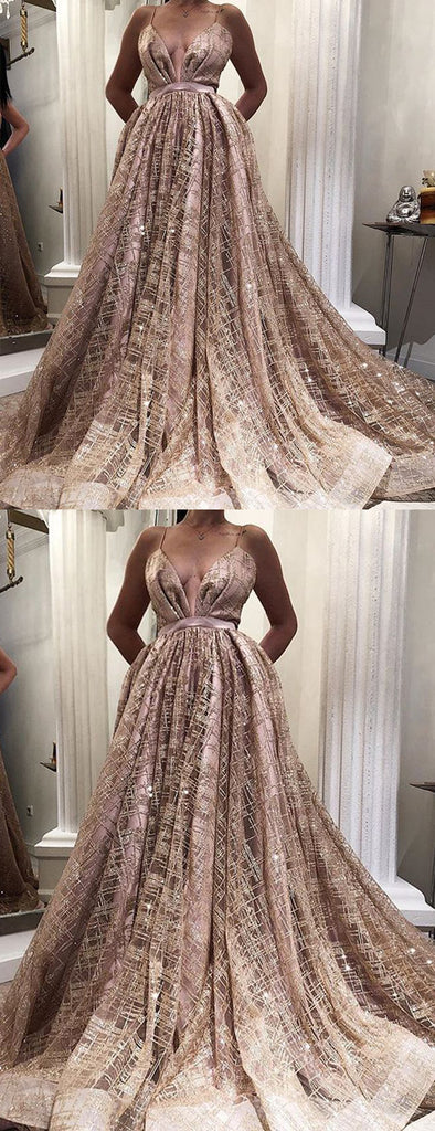 Rose Gold Sequined Tulle Spaghetti Stap Ball Gown Fashion Prom Dresses,PD00345