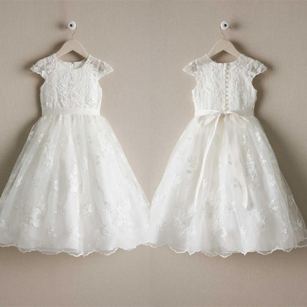 knee length dresses for ladies Round Neck Off White Lace Cap Sleeve Long Flower Girl Dresses, FGS099 –  AlineBridal