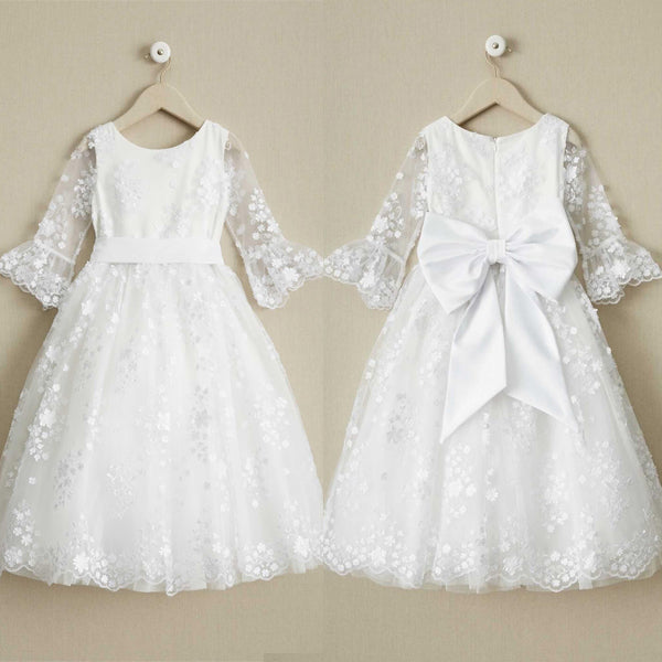 Round Neck Off White Lace Half Sleeve With Sash Long Flower Girl Dresses, FGS098