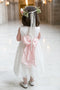Round Neck Sleeveless Ivory Lace Pink Sash Satin Tea Length Flower Girl Dresses, FG061
