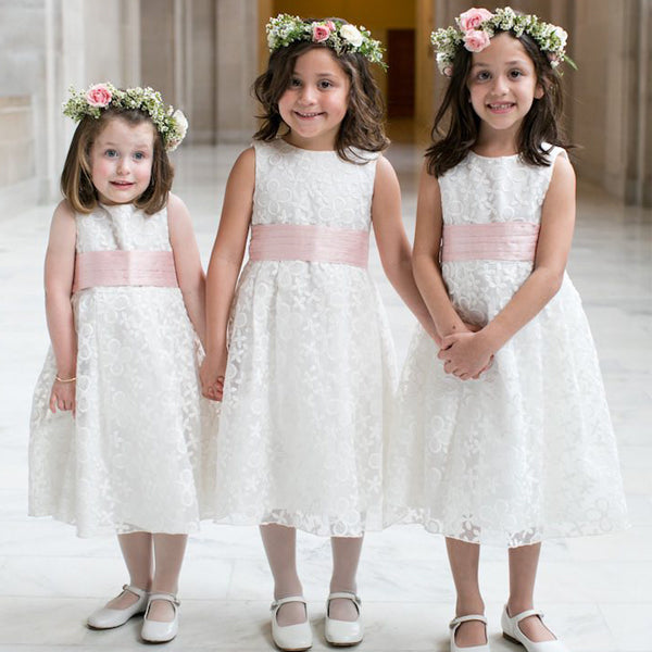White flower girl best sale dress with pink sash