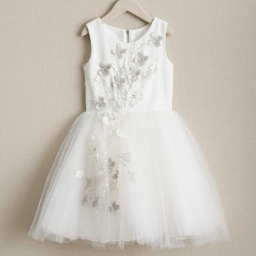 Round Neck Stunning Floral Embroidery Satin Tulle Cute  Flower Girl Dresses, FGS101