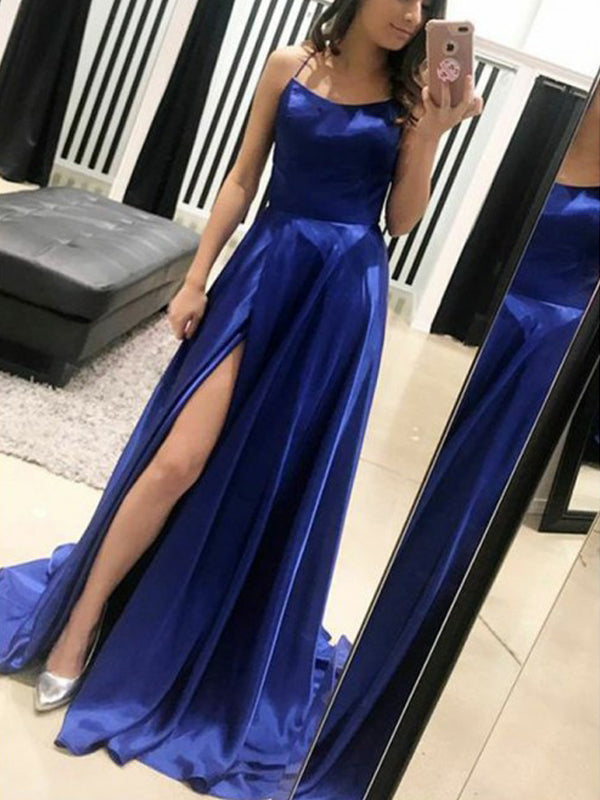 Royal Blue Fashion Spaghetti Strap Backless Lace Up Back Prom Dresses PD00336