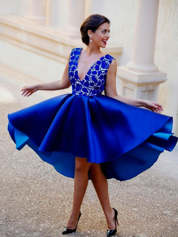 Royal Blue Lace Satin V neck High Low Homecoming Dresses HD0055