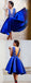 Royal Blue Lace Satin V-neck High Low Homecoming Dresses,HD0055