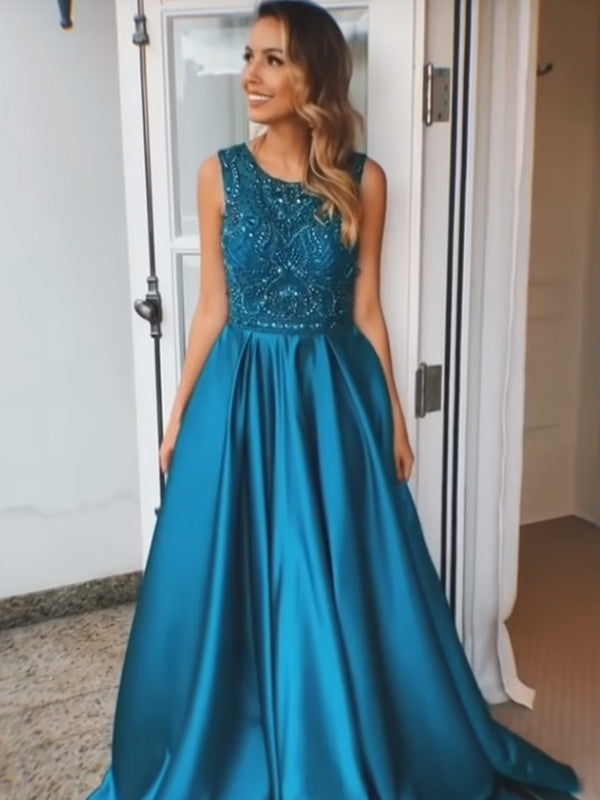 Royal Blue Satin Beading Sleeveless Charming Prom Dresses.PD00279