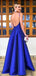 Royal Blue Satin Spaghetti Strap Scoop Backless A-line Prom Dresses,PD00376