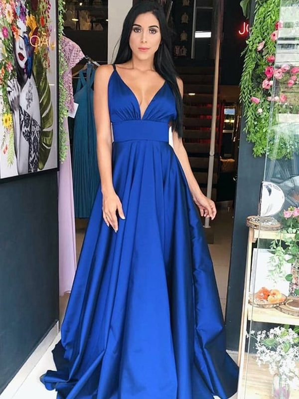 Royal Blue Satin Spaghetti Strap V-neck A-line Prom Dresses,PD00380 AlineBridal Royal Blue Satin Spaghetti Strap V-neck A-line Prom Dresses,PD00380 AlineBridal