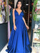 Royal Blue Satin Spaghetti Strap V-neck A-line Prom Dresses,PD00380