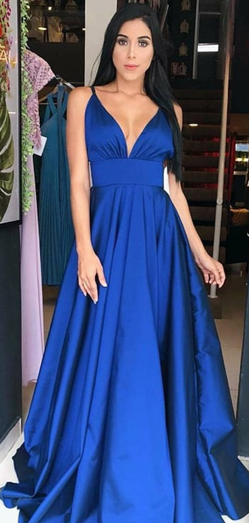 Royal Blue Satin Spaghetti Strap V-neck A-line Prom Dresses,PD00380