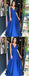 Royal Blue Satin Spaghetti Strap V-neck A-line Prom Dresses,PD00380