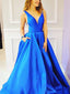 Royal Blue Satin V-neck Sleeveless Pockets Prom Dresses,PD00356