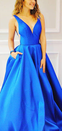 Royal Blue Satin V-neck Sleeveless Pockets Prom Dresses,PD00356