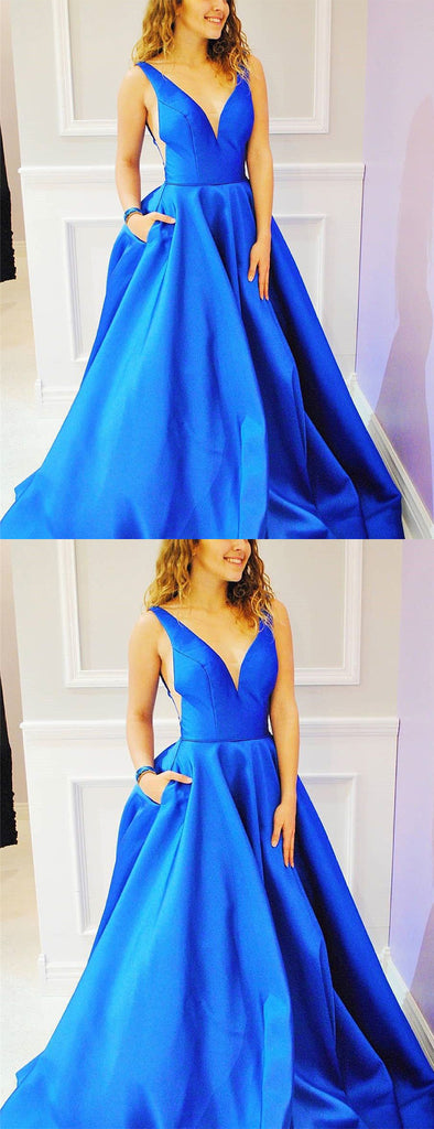 Royal Blue Satin V-neck Sleeveless Pockets Prom Dresses,PD00356