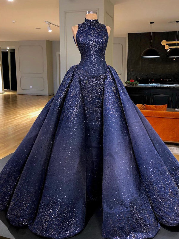 ball gown prom dresses Royal Blue Sparkly Bead Gorgeous ,PD00142 – AlineBridal ALL_KIMONIX this gown offers a Starred | Black High-Neck Color:Makeup/Gold