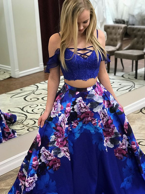 Royal Blue Two Piece Floral Prints Prom Dresses ,PD00113 AlineBridal Royal Blue Two Piece Floral Prints Prom Dresses ,PD00113 AlineBridal