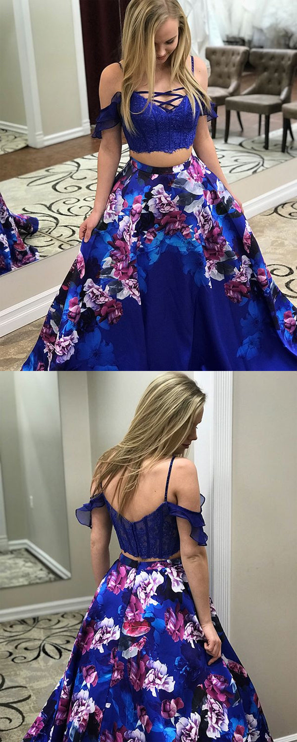 Royal Blue Two Piece Floral Prints Prom Dresses PD00113 AlineBridal