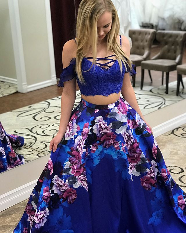 Royal Blue Two Piece Floral Prints Prom Dresses PD00113