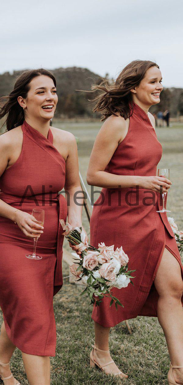 Rust Red Satin Unique Halter Tea Length Bridesmaid Dresses , AB4104 AlineBridal Rust Red Satin Unique Halter Tea Length Bridesmaid Dresses , AB4104 AlineBridal