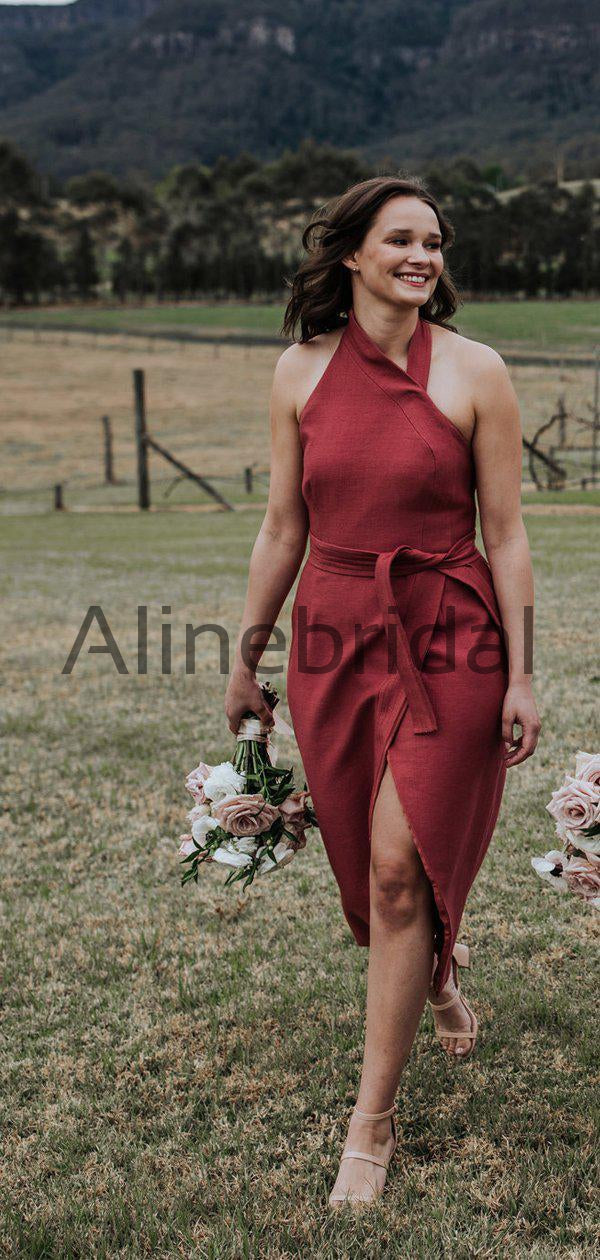 Rust Red Satin Unique Halter Tea Length Bridesmaid Dresses , AB4104 AlineBridal Rust Red Satin Unique Halter Tea Length Bridesmaid Dresses , AB4104 AlineBridal