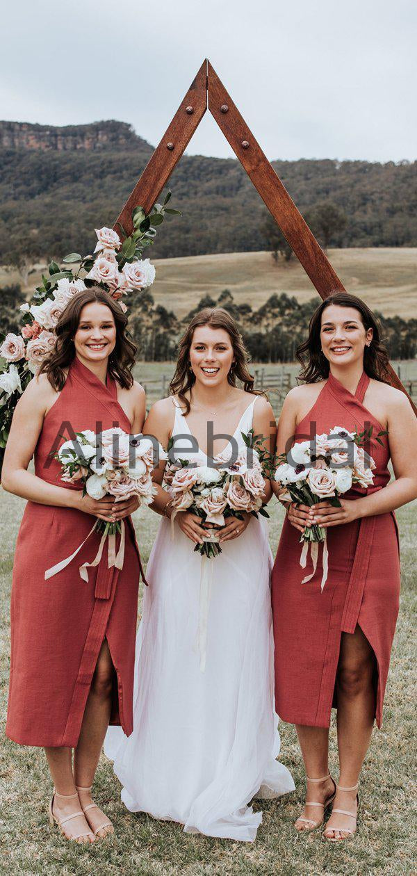 Rust Red Satin Unique Halter Tea Length Bridesmaid Dresses , AB4104 AlineBridal Rust Red Satin Unique Halter Tea Length Bridesmaid Dresses , AB4104 AlineBridal