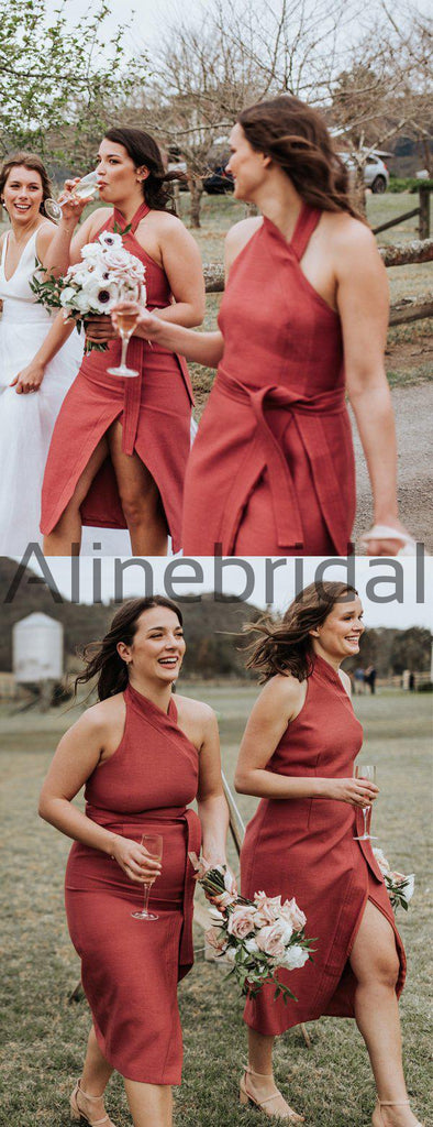 Rust Red Satin Unique Halter Tea Length Bridesmaid Dresses , AB4104