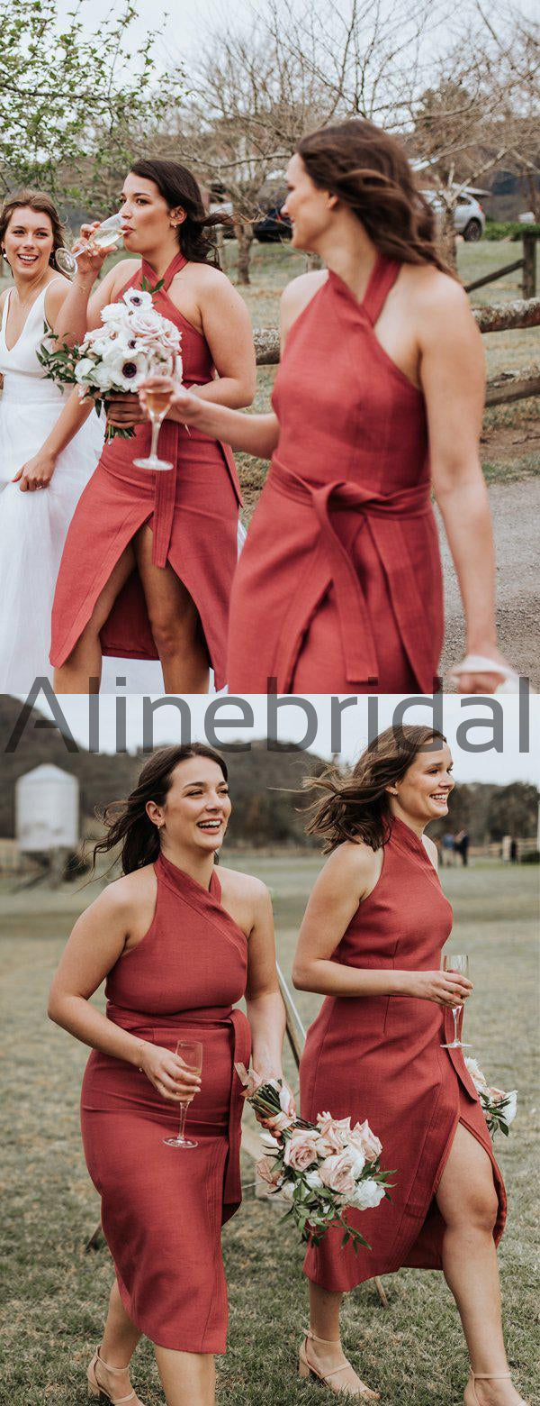 Rust Red Satin Unique Halter Tea Length Bridesmaid Dresses , AB4104 –  AlineBridal