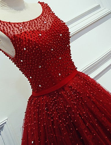 Red Beading Sparkly Unique Ball Gown Round Neck Formal Elegant Long Prom Dresses. BD0241