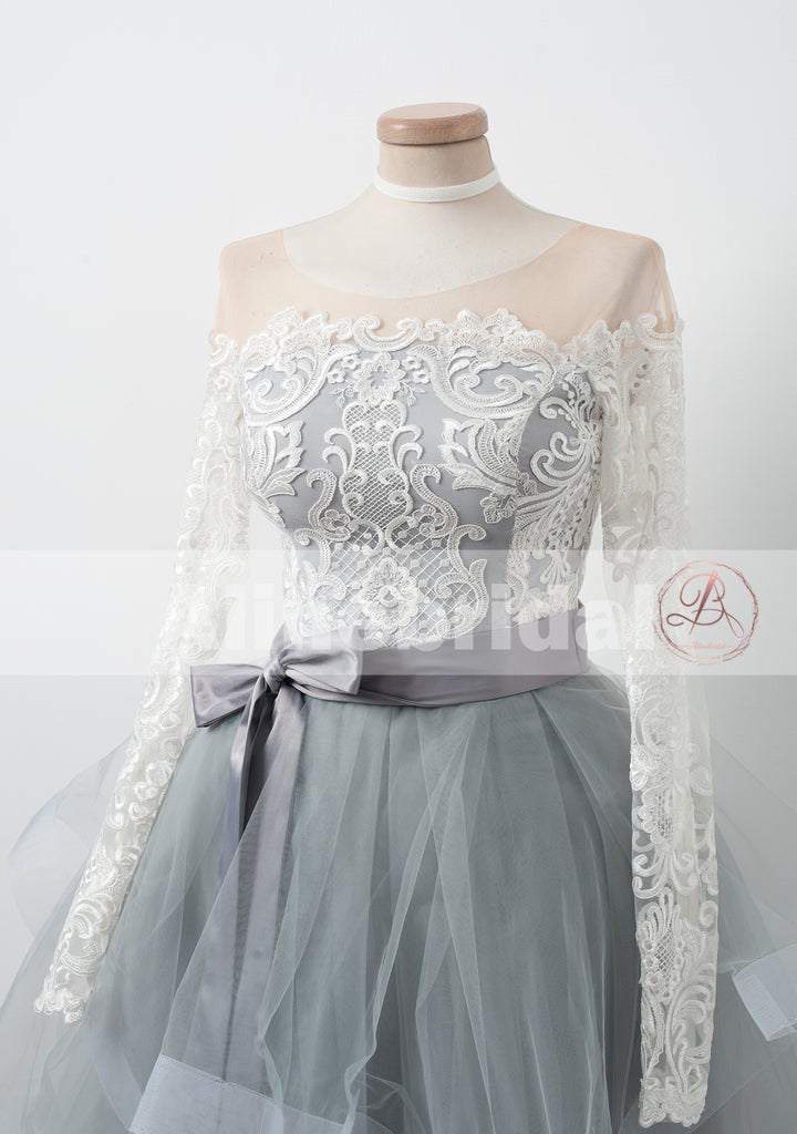 See Through Neckline Off Shoulder Lace Grey Tulle Long Sleeve Homecoming Dresses ,BD00228