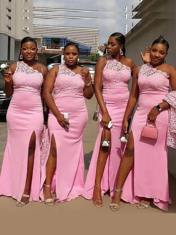 Sexy Light Pink One-shoulder Lace Mermaid Side-slit Long Bridesmaid Dr AlineBridal Sexy Light Pink One-shoulder Lace Mermaid Side-slit Long Bridesmaid Dr AlineBridal