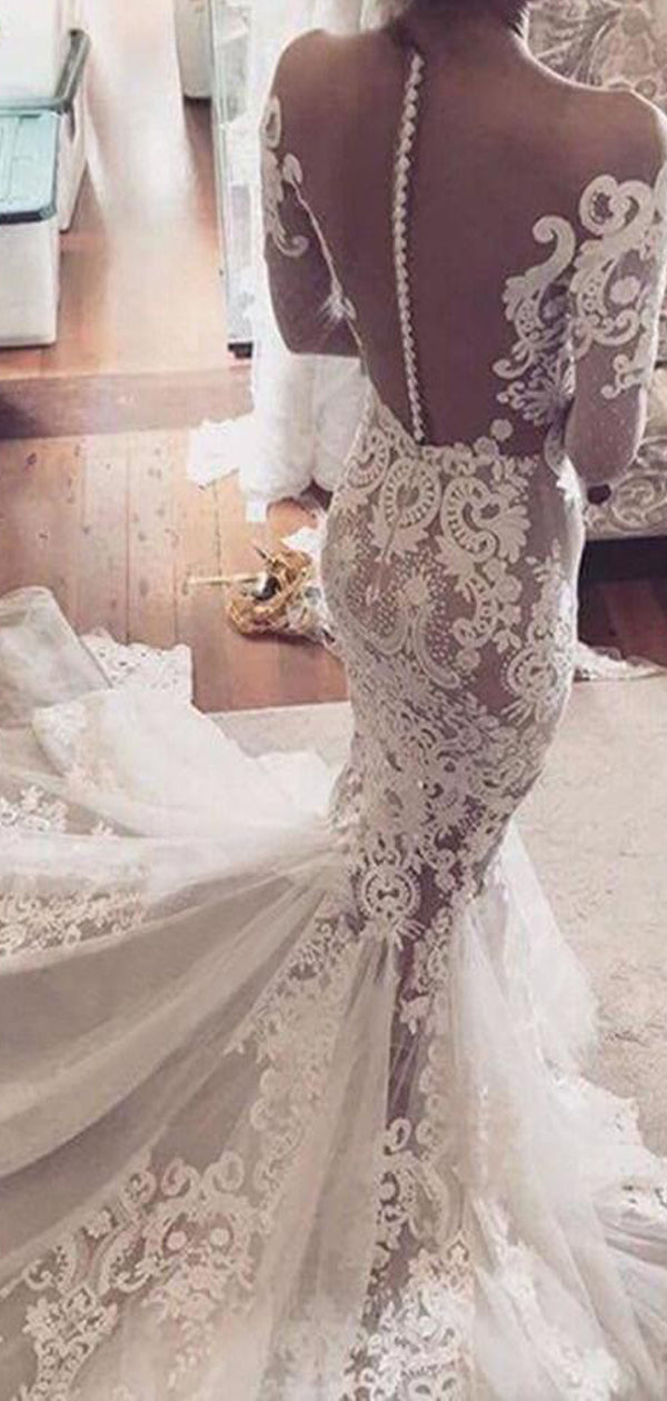 Sexy Mermaid Lace See Through Tulle Long Sleeve Off Shoulder Yarn Back AlineBridal Sexy Mermaid Lace See Through Tulle Long Sleeve Off Shoulder Yarn Back AlineBridal