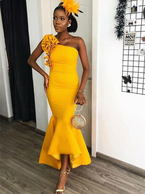 bridesmaid dresses mustard Sexy One-shoulder Yellow Mermaid Ruffle Midi Dress, – AlineBridal Size:19-19.5-34-35 Black Floral A Line july 4 2026 markdown airy tulle skirts