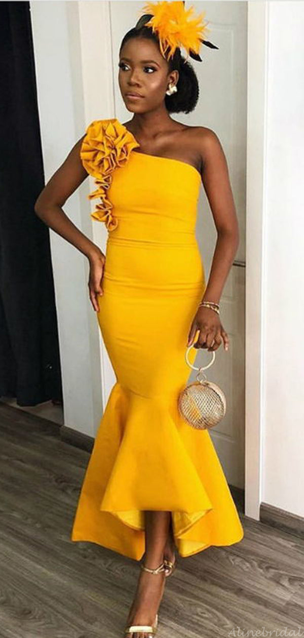 Sexy One-shoulder Mustard Yellow Mermaid Ruffle Midi Bridesmaid Dress, AlineBridal Sexy One-shoulder Mustard Yellow Mermaid Ruffle Midi Bridesmaid Dress, AlineBridal