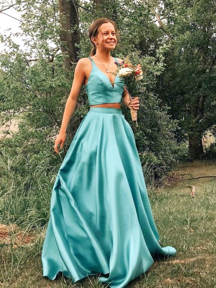 Sexy Turquiose Green V-neck Two-piece A-line Long Prom Dress, PD3128