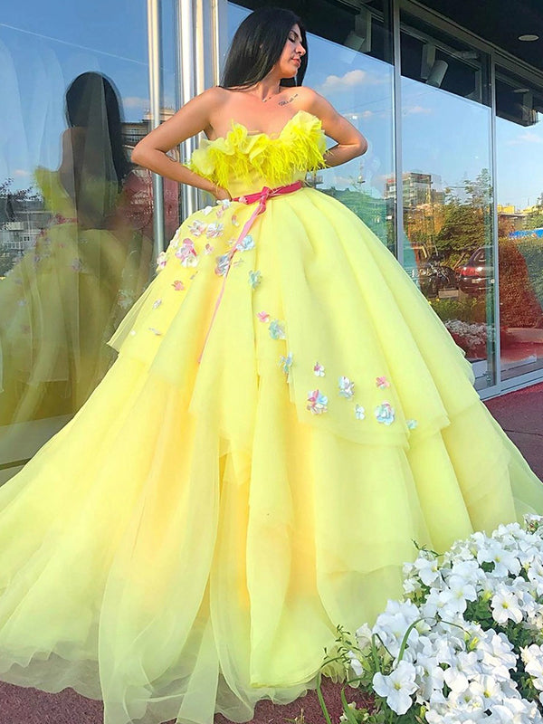 A-line Scoop Lace Long Prom Dress Ball Gown Yellow Princess Quinceaner –  SELINADRESS