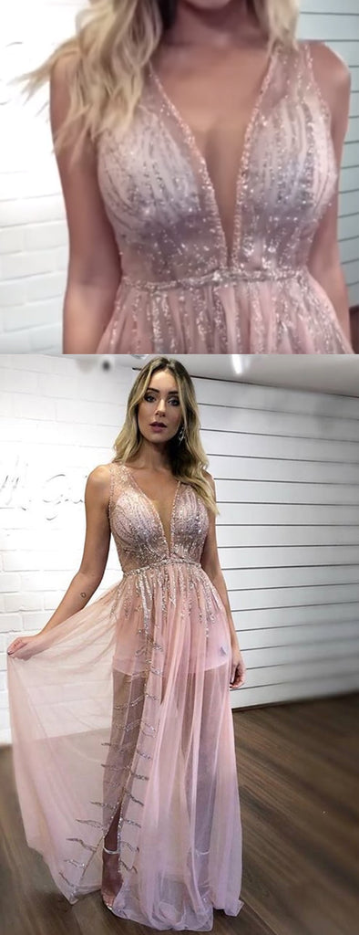 Sexy Illusion Pink Chiffon Silver Sequin Long Prom Dresses,PD00289
