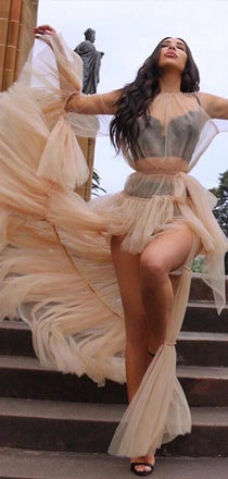 Sexy Nude Tulle High Low Long Sleeves See Through Party Prom Dresses.PD00249