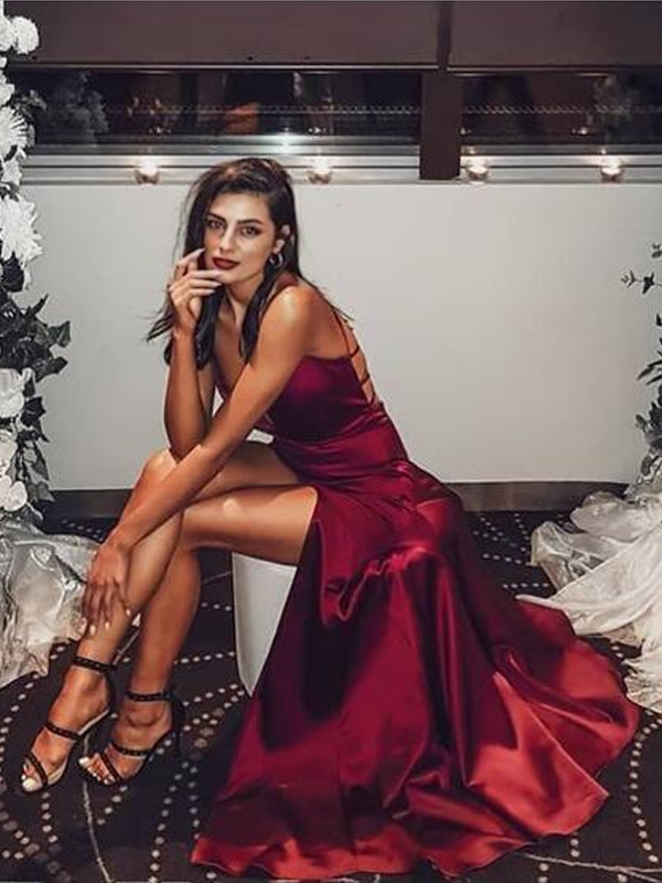 Sexy Long Burgundy Mermaid Long V-neck Prom Dress With Cross Open Back, Evening Dress, PD3087