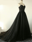 Sexy Black Sweetheart Spaghetti Strap A-line Long Prom Dresses, PD3030