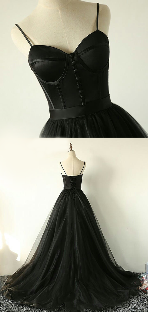 Sexy Black Sweetheart Spaghetti Strap A-line Long Prom Dresses, PD3030
