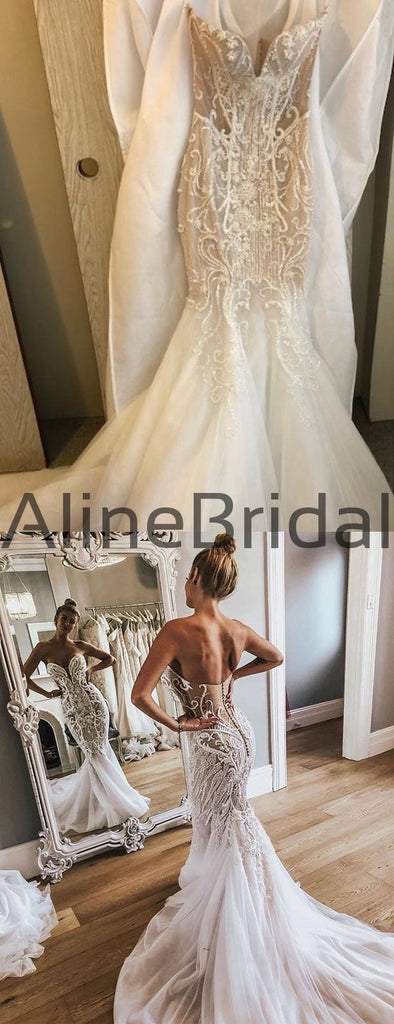 Shiny Beading Rhinestone Applique Tulle Strapless Mermaid Illusion Wedding Dresses, AB1533