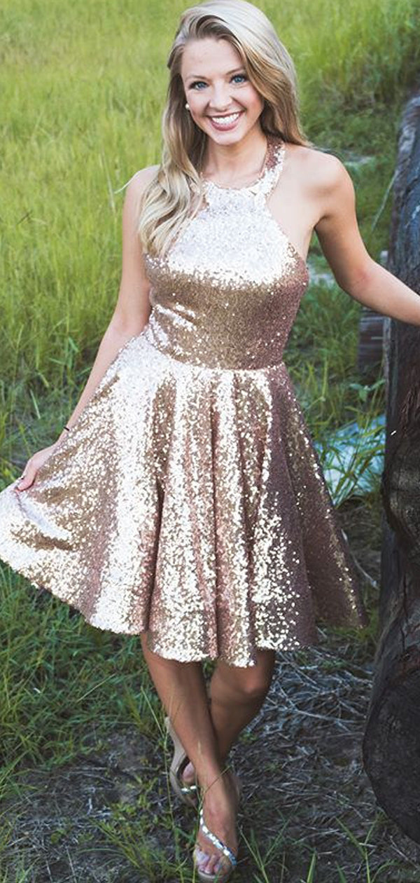 Shiny Gold Sequin Halter Simple Homecoming Dresses,HD0022 – AlineBridal