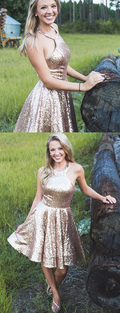 Shiny Gold Sequin Halter Simple Homecoming Dresses,HD0022