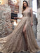 Shiny Gold Sequin Lace Spaghetti Strap A-line Prom Dresses,PD00173