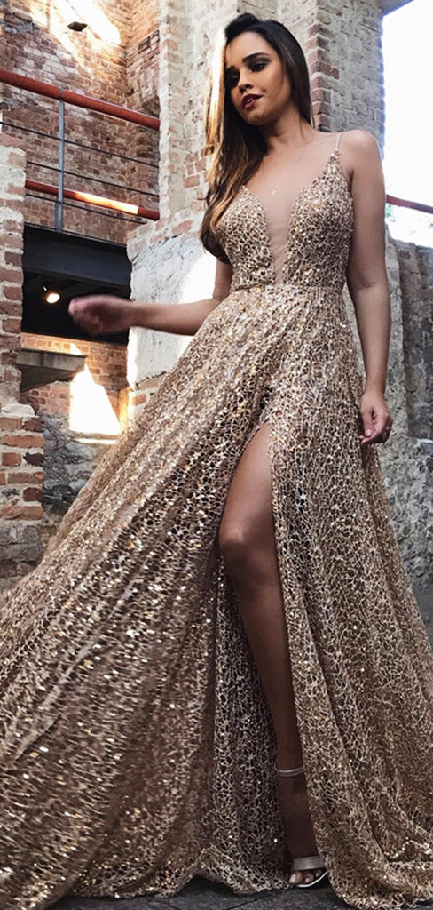 Shiny Gold Sequin Lace Spaghetti Strap A-line Prom Dresses,PD00173