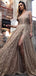 Shiny Gold Sequin Lace Spaghetti Strap A-line Prom Dresses,PD00173